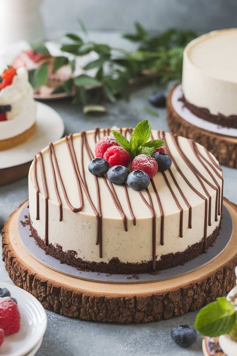 Indoor bakery counter view of a creamy Baileys cheesecake with chocolate cookie crust and a drizzle of chocolate ganache on top. No text or logos present. Photo only.