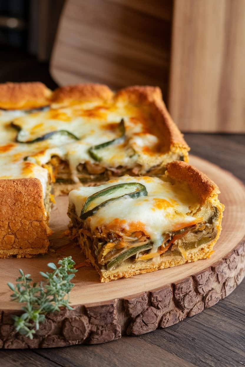 An indoor casserole dish with a golden cornmeal crust, poblano strips and melted cheese peeking through a slice, no text or logos.
