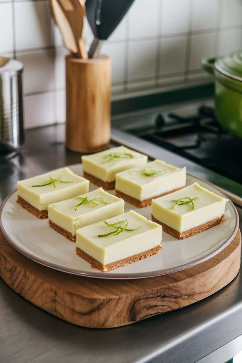 Indoor kitchen counter displaying rectangular bars of key lime pie with graham crust and lime zest garnish, no text or logos, photo.