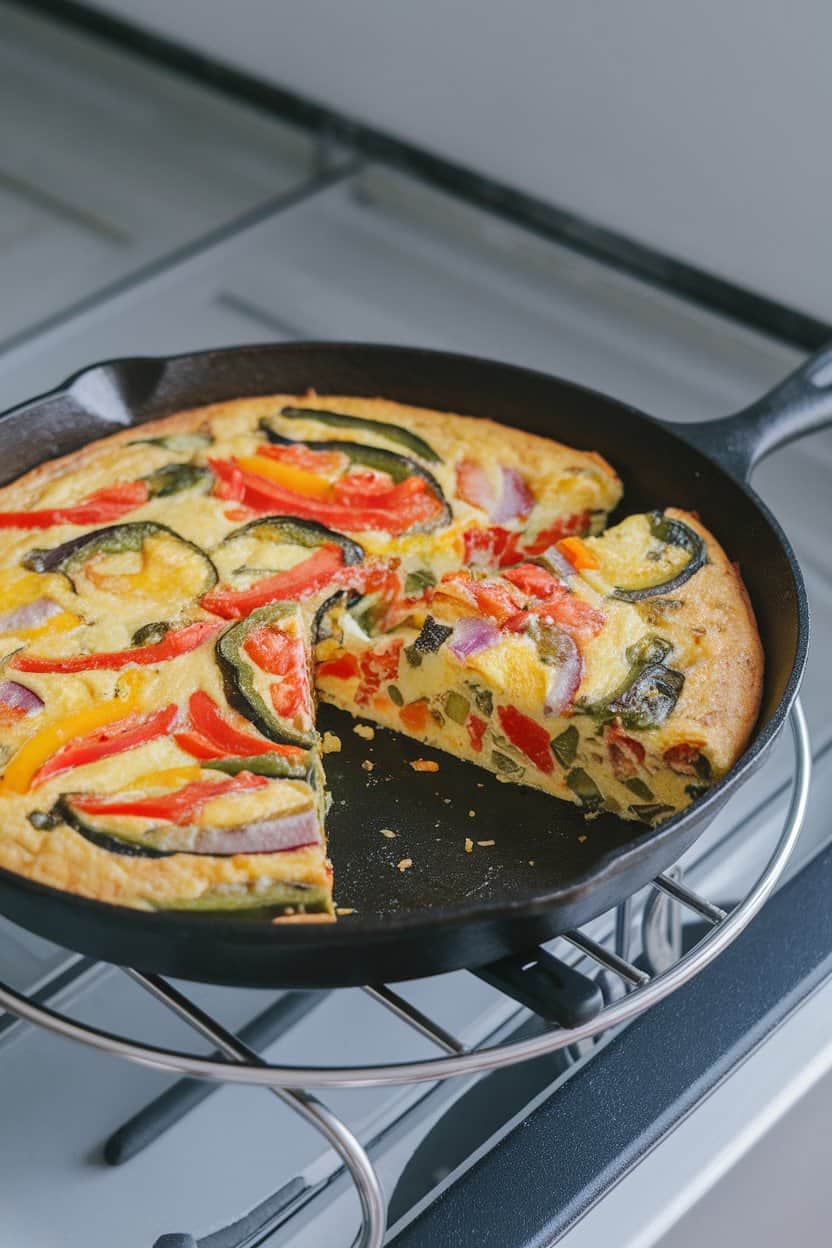 A skillet frittata sliced to reveal colorful vegetables inside, placed on an indoor trivet. No text or logos. Photo only.