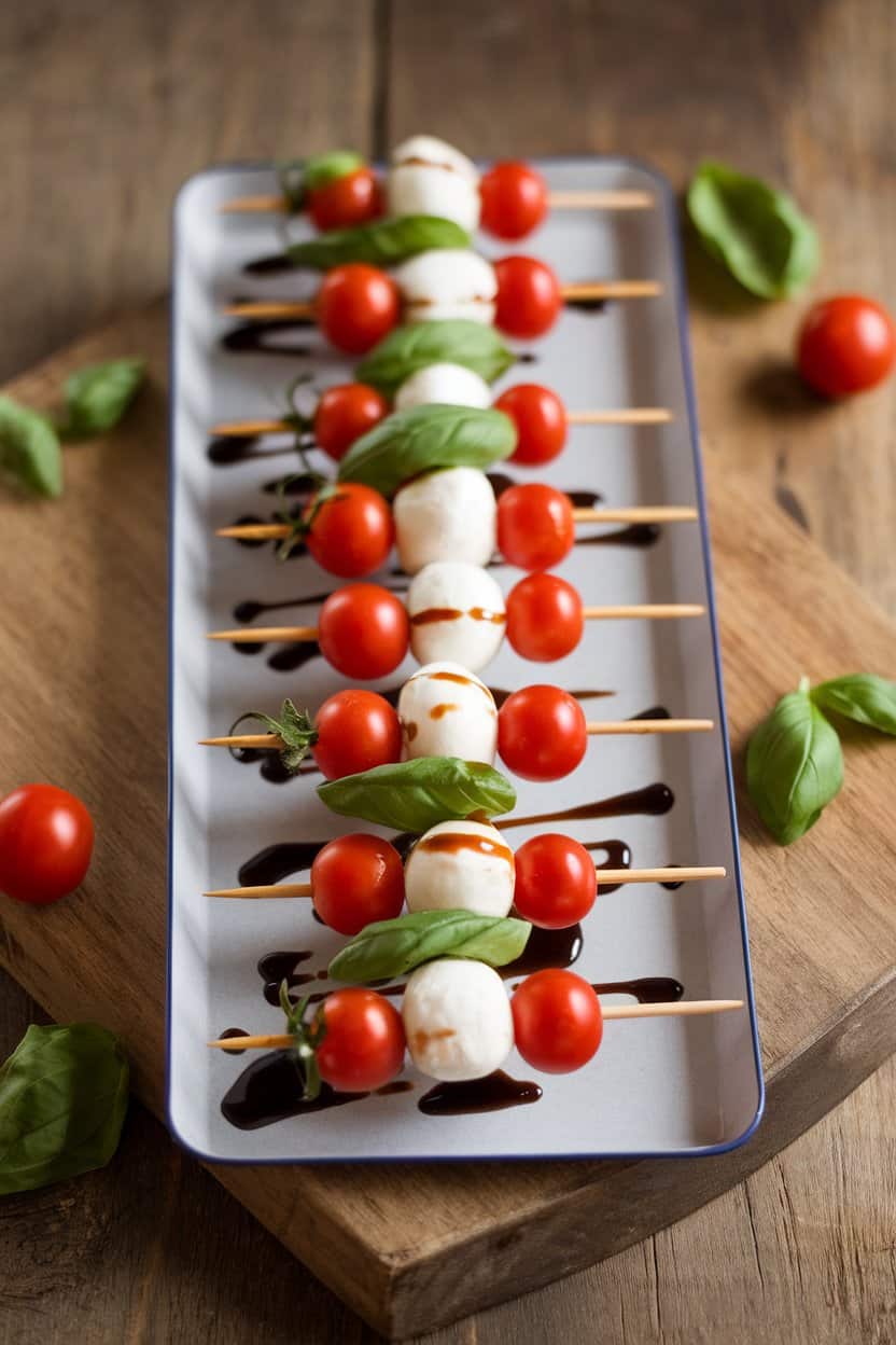 An indoor serving tray holding rows of mini skewers alternating cherry tomatoes, fresh mozzarella balls, and basil leaves, lightly drizzled with balsamic glaze. No text or logos. Photo only.