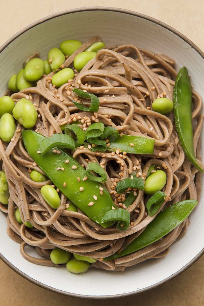 Indoor photo of a bowl of buckwheat soba noodles tossed with bright green edamame, snow peas, and sesame dressing, sprinkled with scallions. No text or logos.