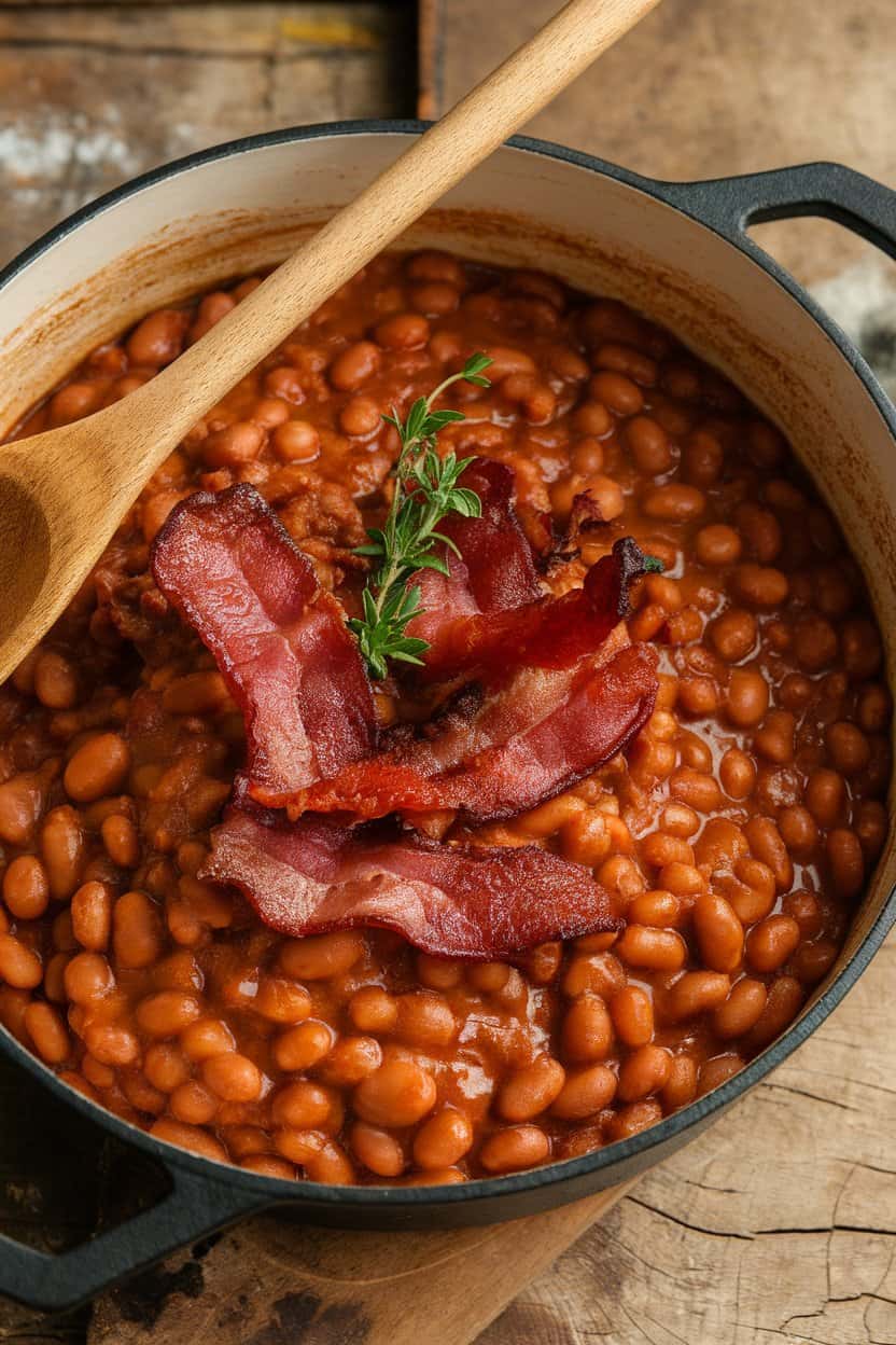 Indoor cast-iron pot of thick barbecue baked beans with bits of bacon on top, wooden spoon resting inside, no text or logos.