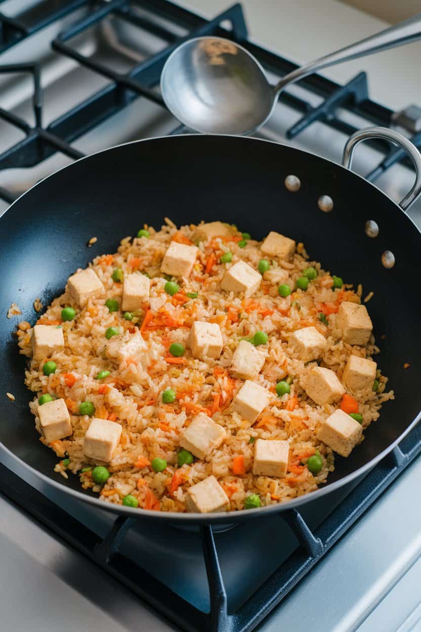 An indoor stovetop photo of a wok filled with golden fried rice studded with small tofu cubes, peas, and diced carrots; ladle nearby, no text or logos visible.