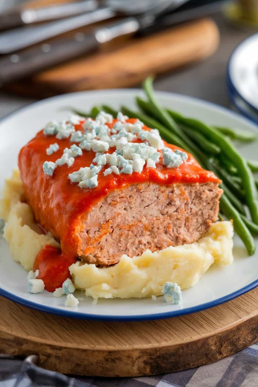 Indoor plate with a chicken meatloaf slice coated in bright buffalo sauce, blue cheese crumbles sprinkled on top. No text or logos. Photo only.