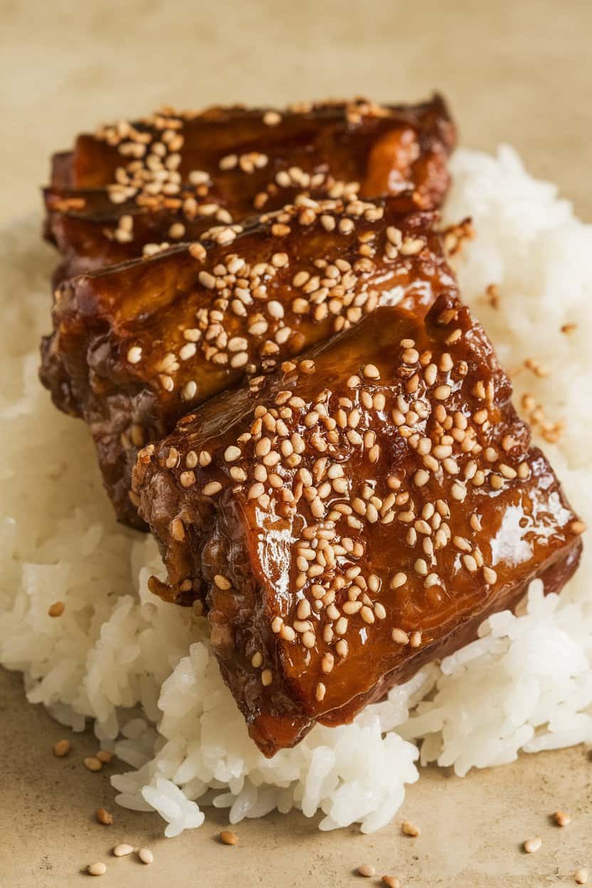 Indoor photo of glossy short ribs sprinkled with sesame seeds, white rice alongside—no text or logos