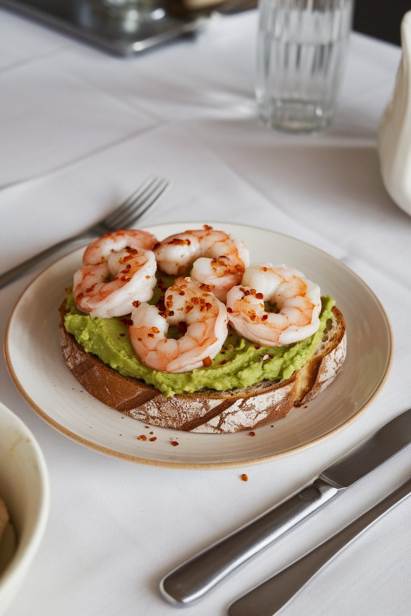 Indoor breakfast table with toasted sourdough topped with mashed avocado and sautéed shrimp, sprinkled with chili flakes. No text or logos.