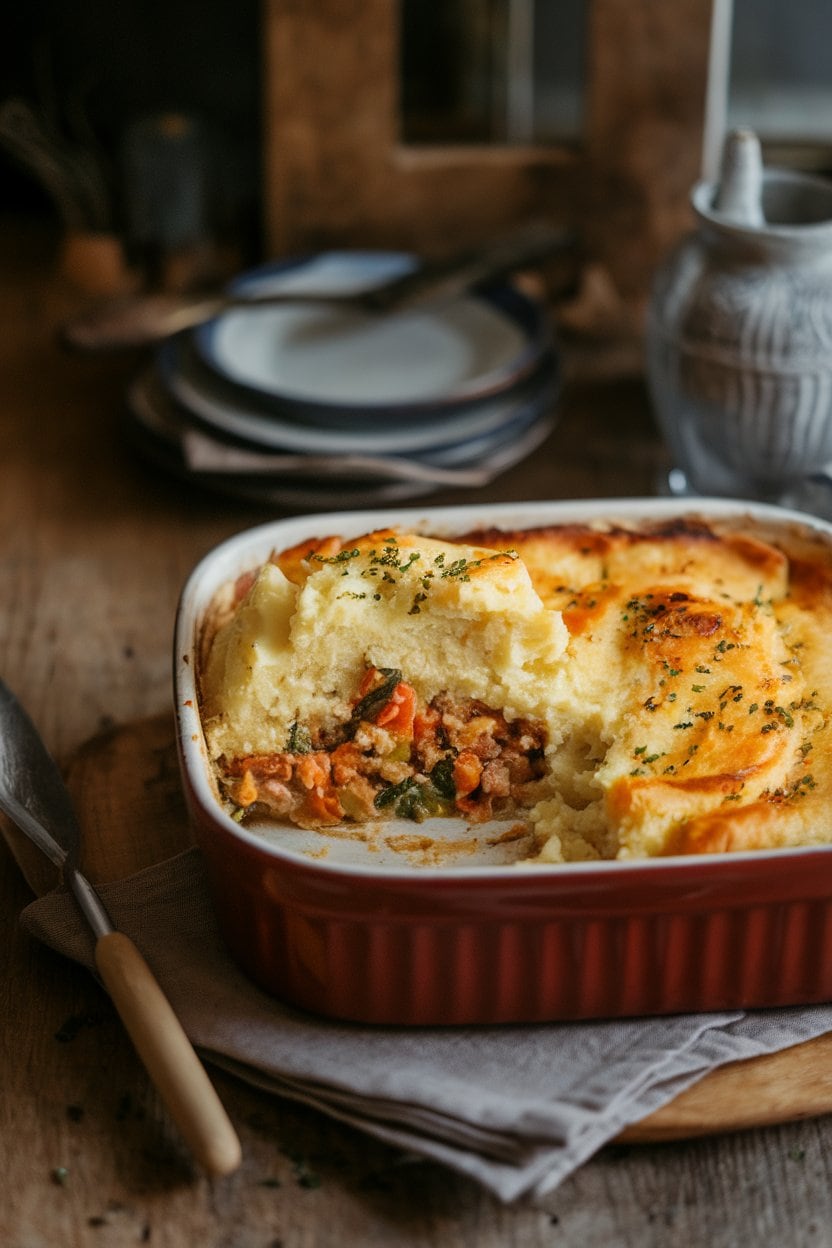 A rustic indoor dining photo of a casserole dish showing a scoop of mashed-potato-topped shepherd’s pie revealing tofu and vegetable filling underneath; no text or logos present.
