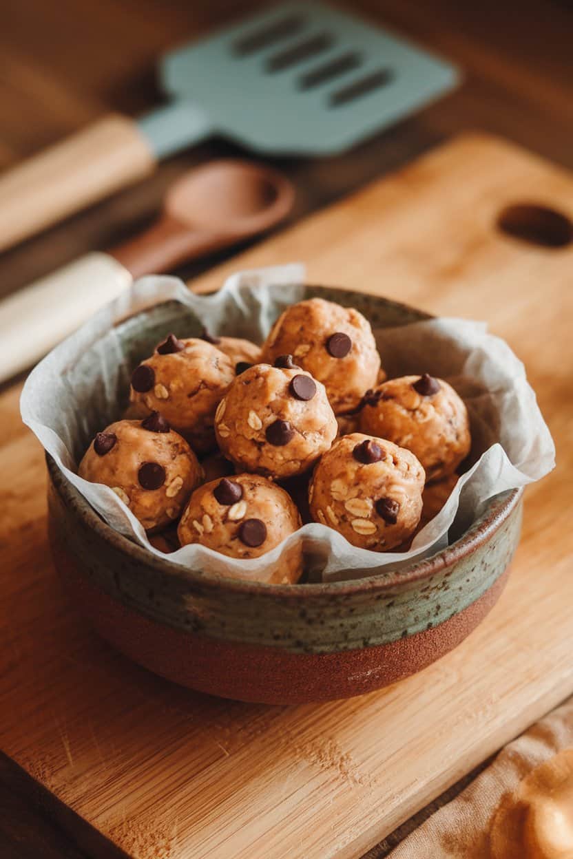 A warmly lit indoor kitchen counter showing a rustic ceramic bowl filled with round peanut-butter oat protein balls, dotted with mini chocolate chips, resting on parchment paper. No text or logos anywhere in the scene. Photo, not an illustration.