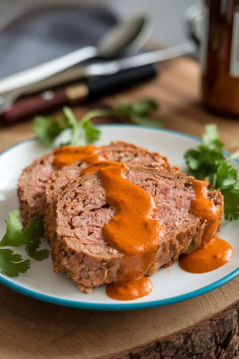Indoor plate with meatloaf slice drizzled with coconut-red curry sauce, cilantro leaves scattered around. No text or logos. Photo only.