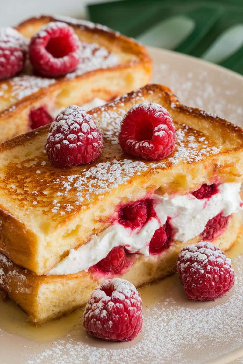 Indoor photo of two slices of French toast stuffed with ricotta and raspberries, dusted lightly with powdered sugar; no text or logos