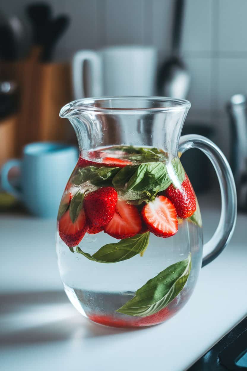 Indoor photo of a clear glass pitcher filled with water, sliced strawberries, and basil leaves on a kitchen counter; no text or logos
