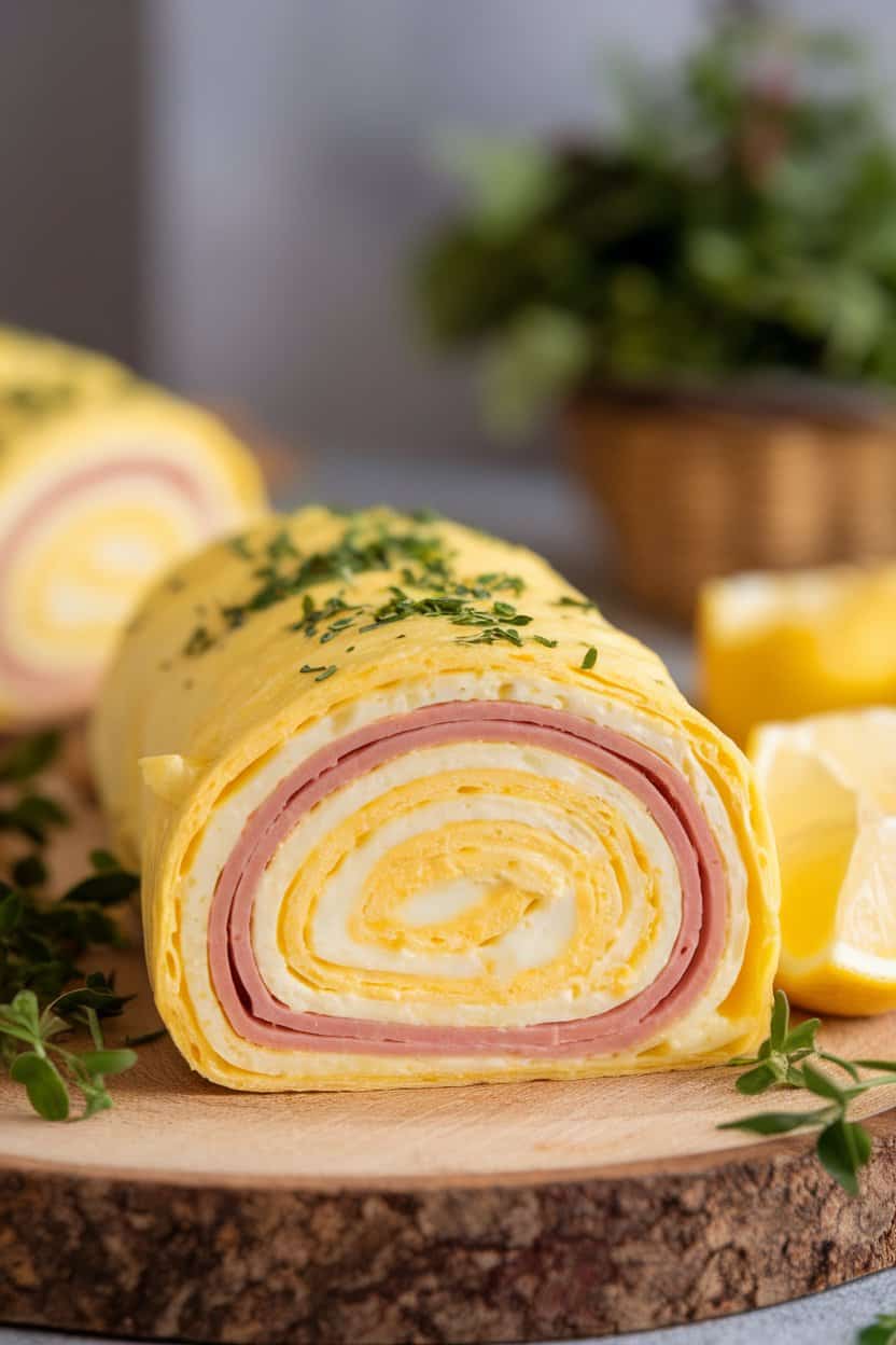Indoor photo of a sliced omelet roll showing layers of egg, Swiss cheese, and ham spiraled inside; no text or logos