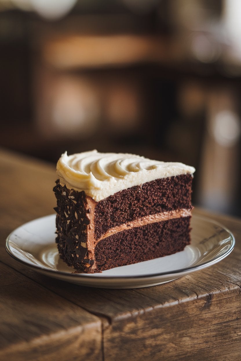 Indoors, a slice of dark Guinness chocolate cake on a white plate, topped with a thick cream cheese frosting layer resembling a stout’s foamy head. No text or logos. Photo.