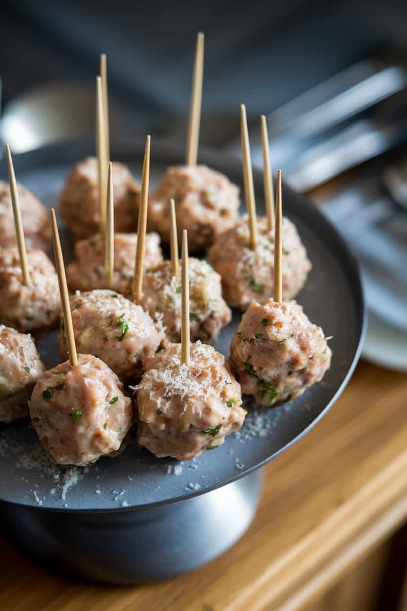 Indoor serving tray with toothpick-skewered chicken meatballs glazed in garlic butter and sprinkled with grated parmesan; subtle overhead lighting; no text or logos.