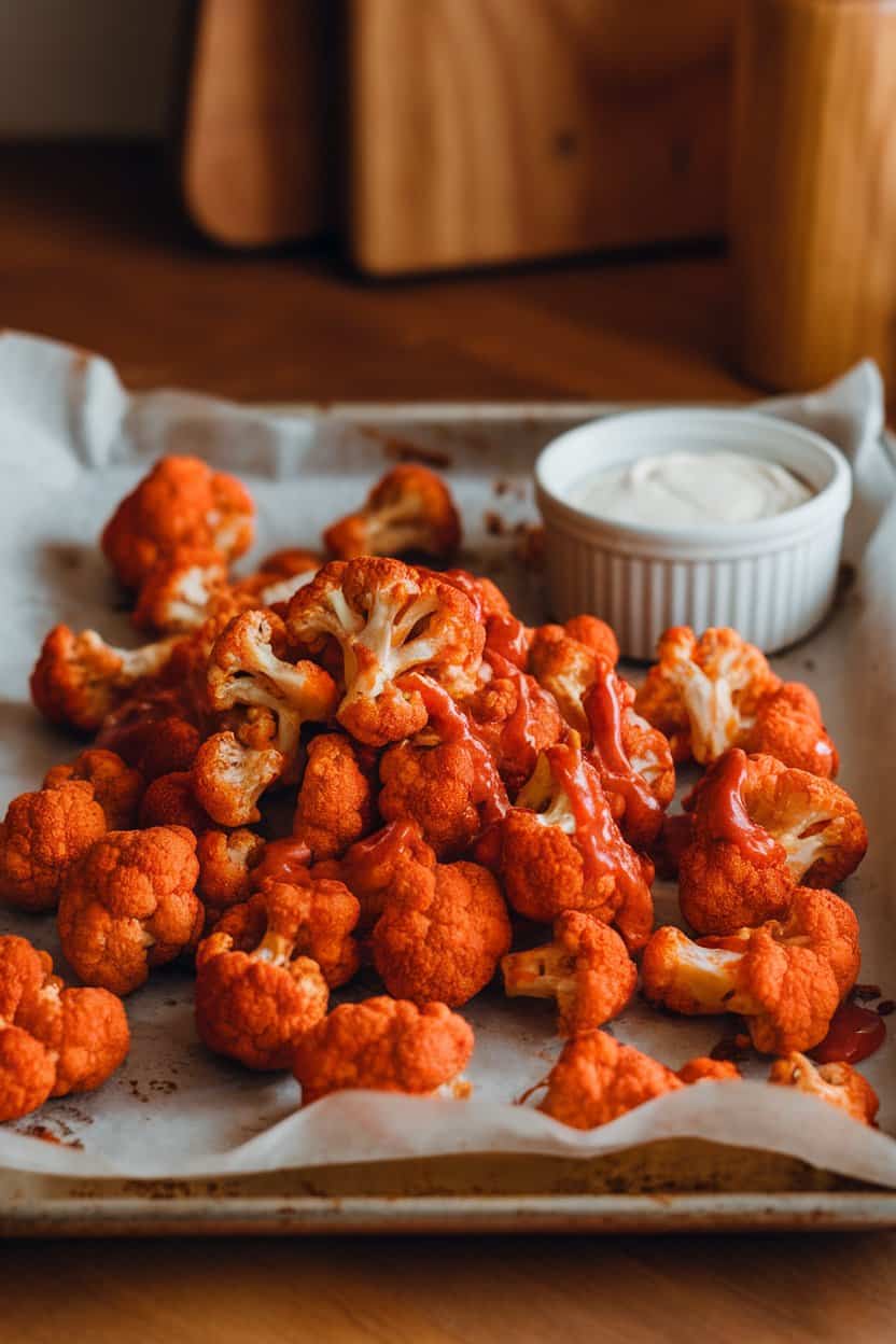An indoor photo of a parchment-lined baking sheet piled high with crispy, sauce-glazed buffalo cauliflower florets and a ramekin of dairy-free ranch on the side. Warm kitchen lighting, no text or logos.
