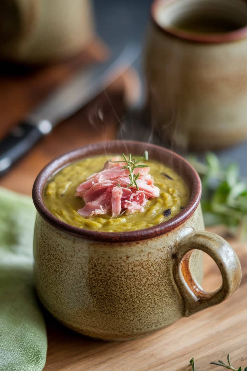 Indoor photo of green split pea soup with shredded ham on top, served in a rustic mug, steam curling upward. No text or logos.