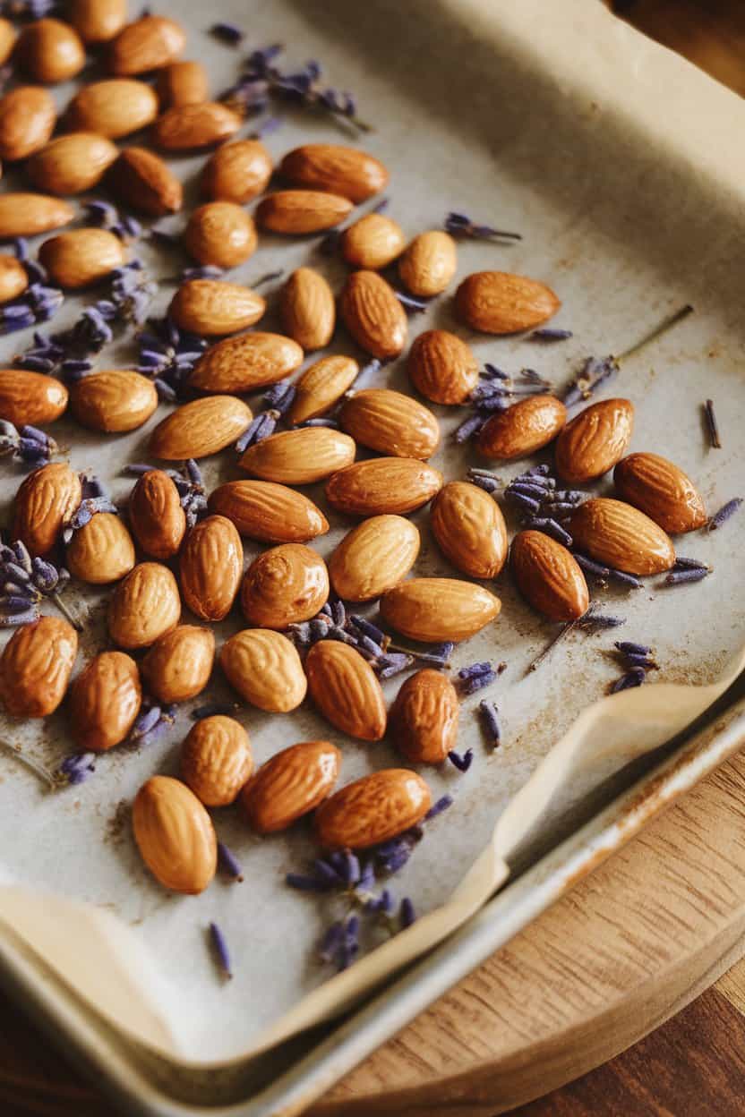 An indoor photo of a parchment-lined sheet pan with glossy roasted almonds speckled with lavender buds; overhead warm lighting; no text or logos.