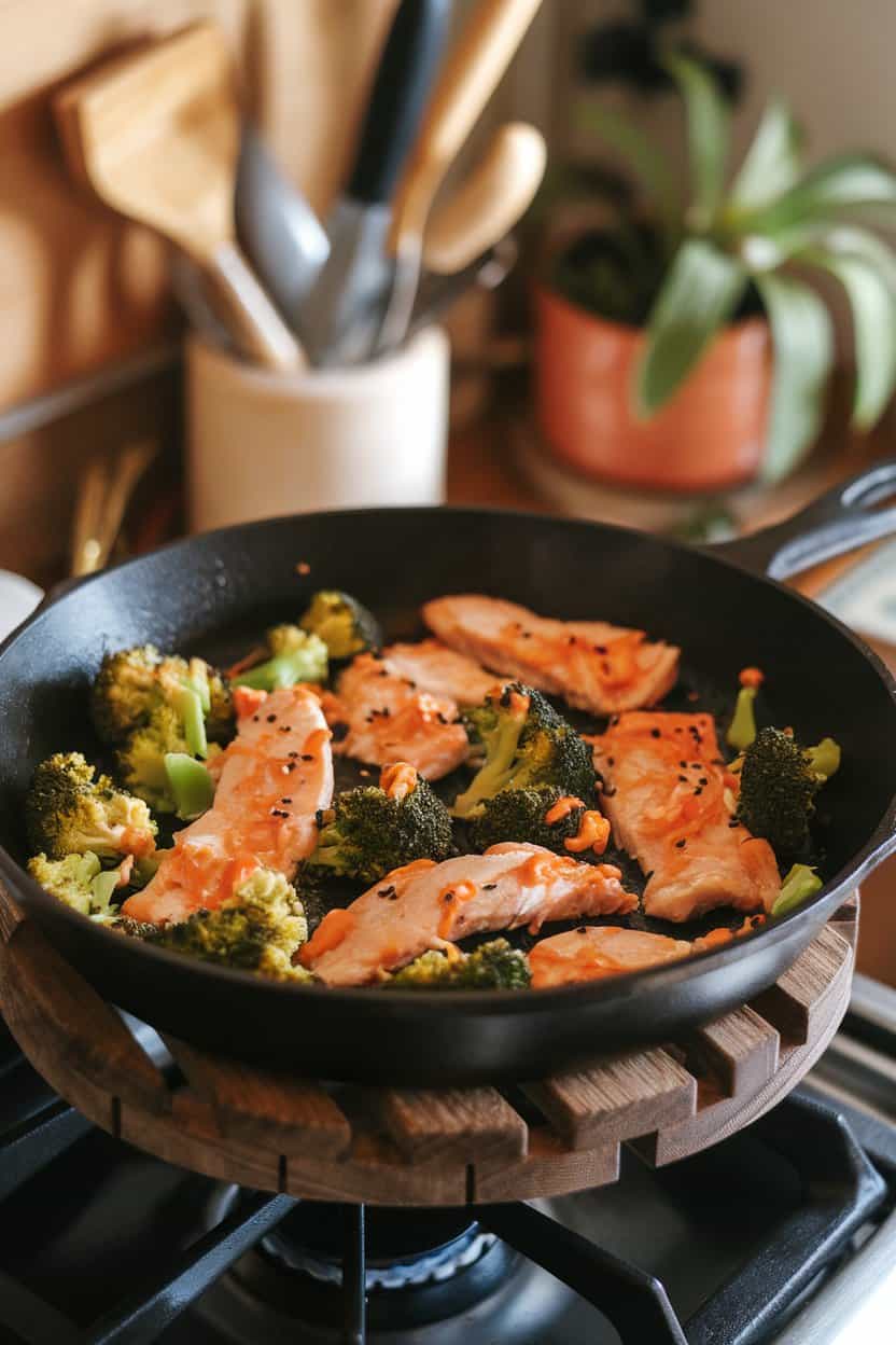 Indoor photo of a skillet containing thin chicken strips, broccoli florets, and orange sesame glaze; warm stovetop lighting, no text or logos