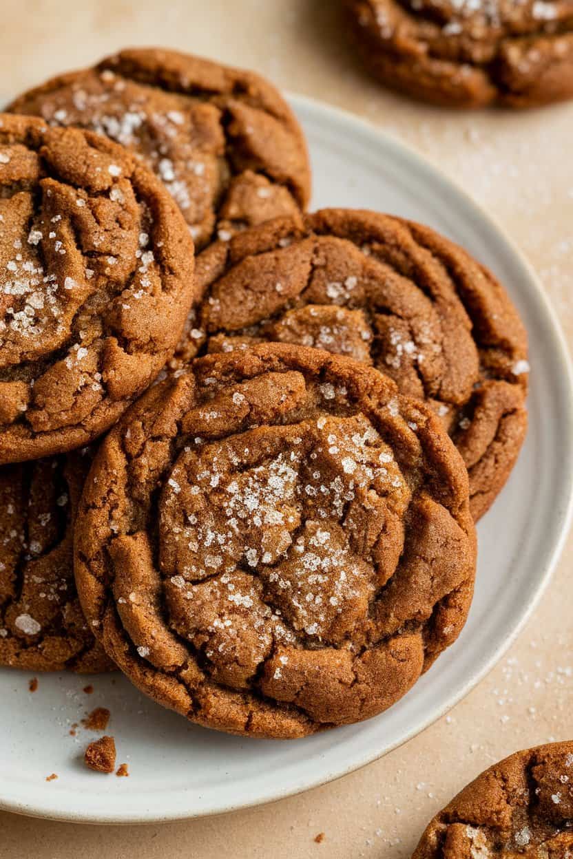 Indoor photo of dark brown vegan ginger molasses cookies with crinkled tops and sugar sparkle, no text or logos