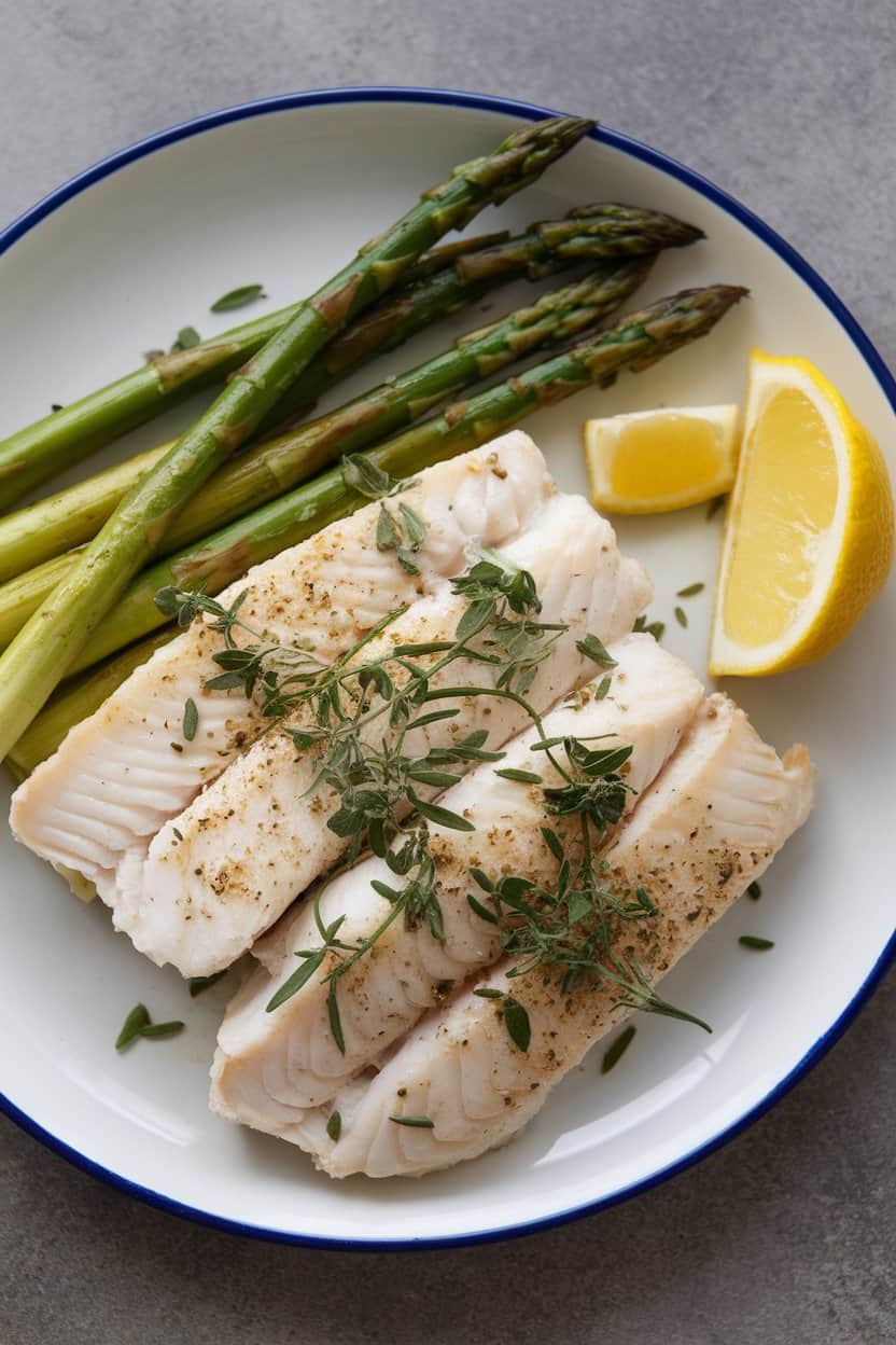 Indoor photo of a plate holding cooked tilapia fillets sprinkled with fresh herbs alongside roasted asparagus spears and a lemon wedge. No text or logos visible.