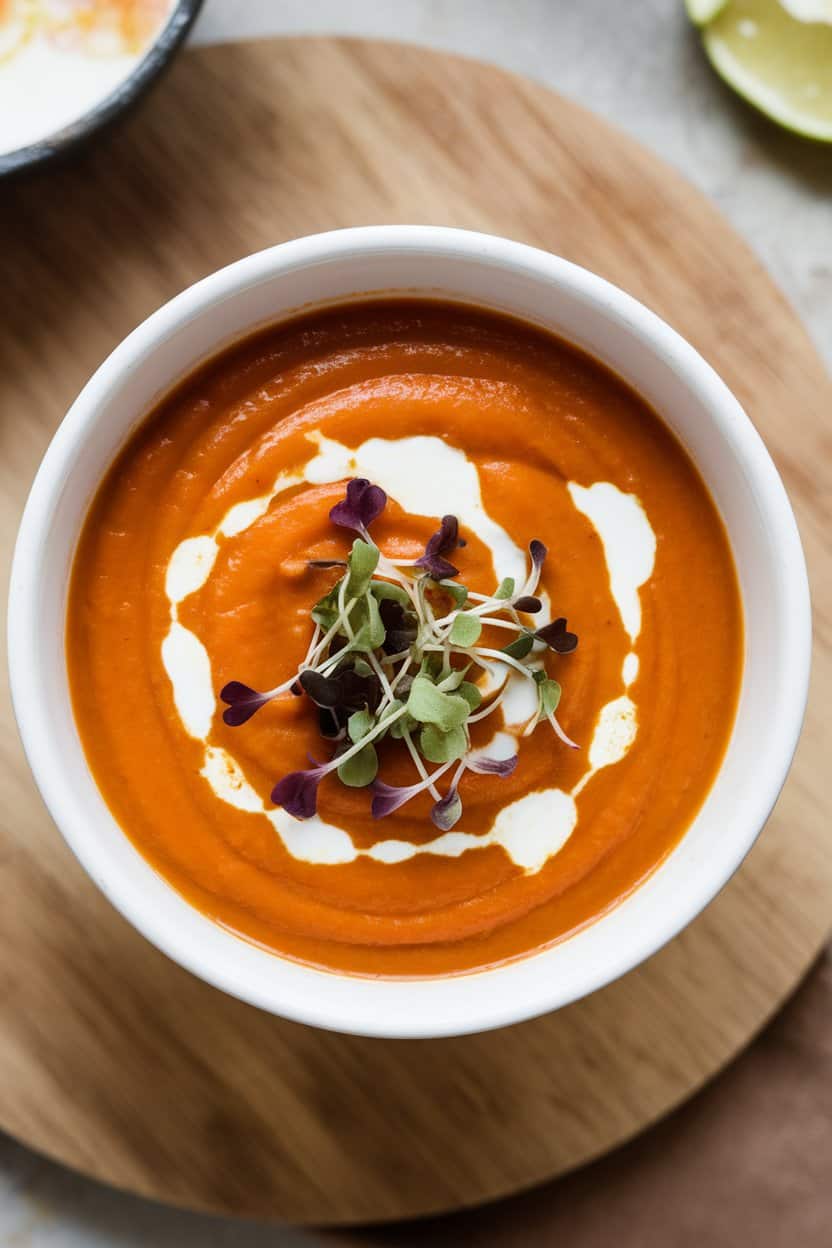 Indoor photo of a bowl of velvety roasted carrot soup with a swirl of fat-free yogurt and microgreens garnish; overhead view, no text or logos