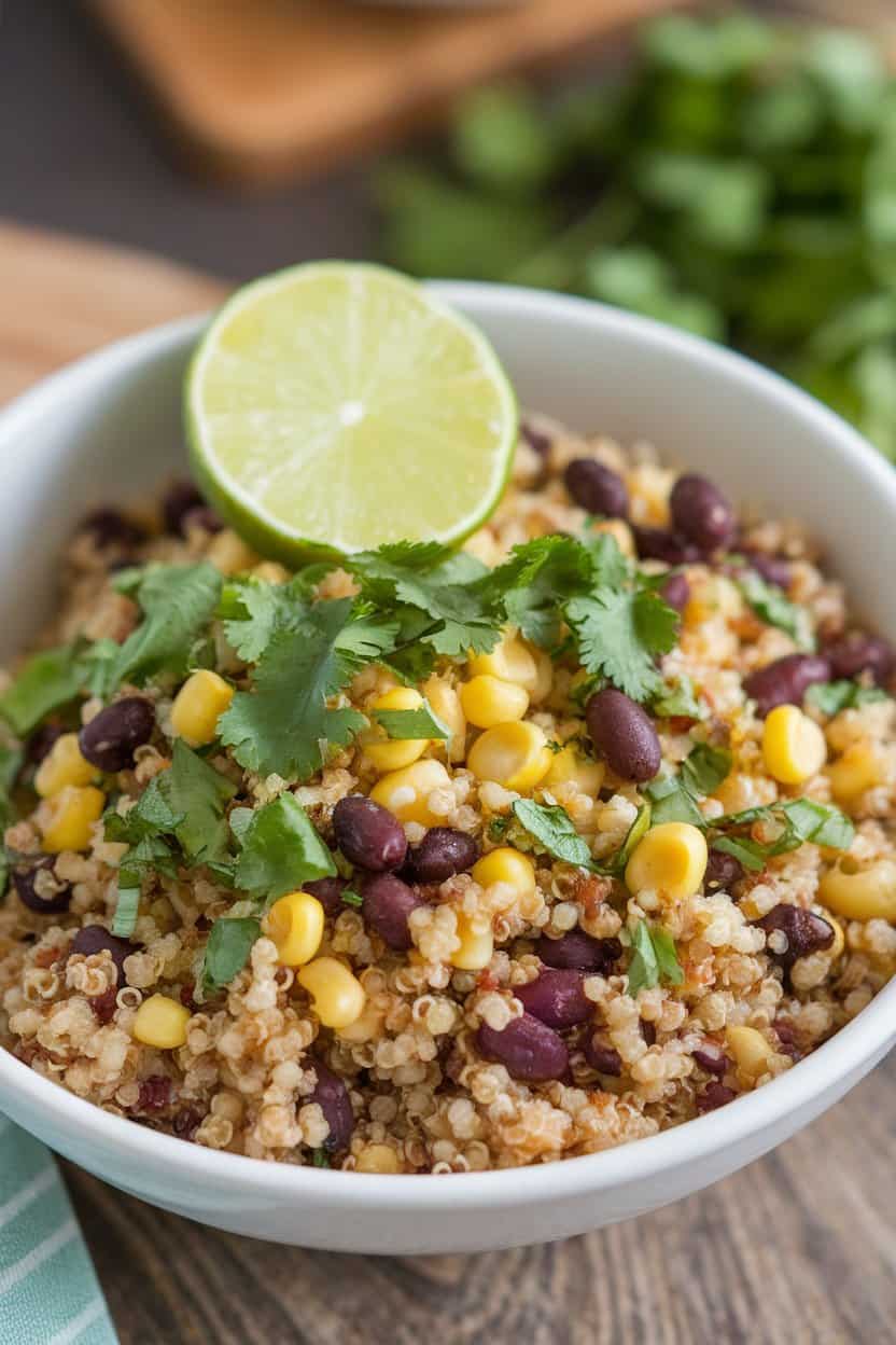 Photo indoors of a bowl with fluffy quinoa, black beans, corn, and chopped cilantro, garnished with a lime wedge. No text or logos in view.