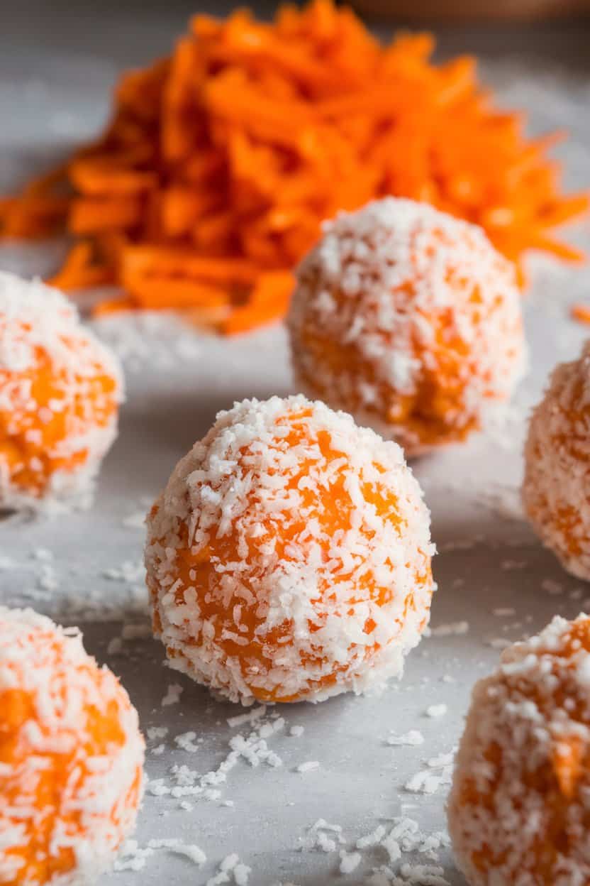 Indoor countertop close-up of orange-flecked protein balls rolled in finely grated coconut, with grated carrot in the background. No text or logos. Photo only.