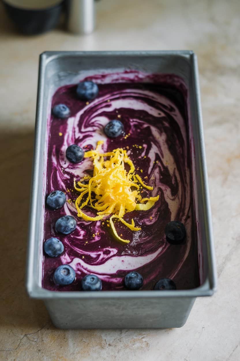 A metal loaf pan on an indoor countertop scooped to reveal deep purple blueberry lemon sorbet, zest sprinkled on top. No text or logos.