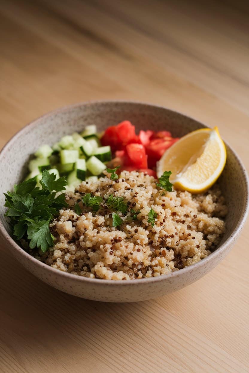 Photo of a neutral-toned bowl indoors containing fluffy quinoa mixed with chopped parsley, diced cucumber, tomato, and a lemon wedge on the side. No text or logos anywhere.