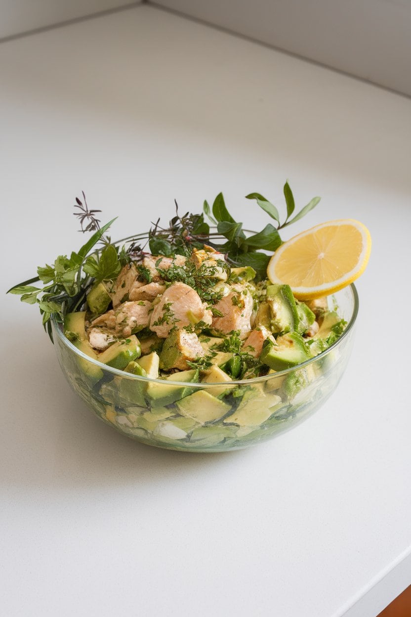 Indoor photo of bright green chicken salad made with avocado and herbs, served in a clear glass bowl on a white countertop—no text or logos