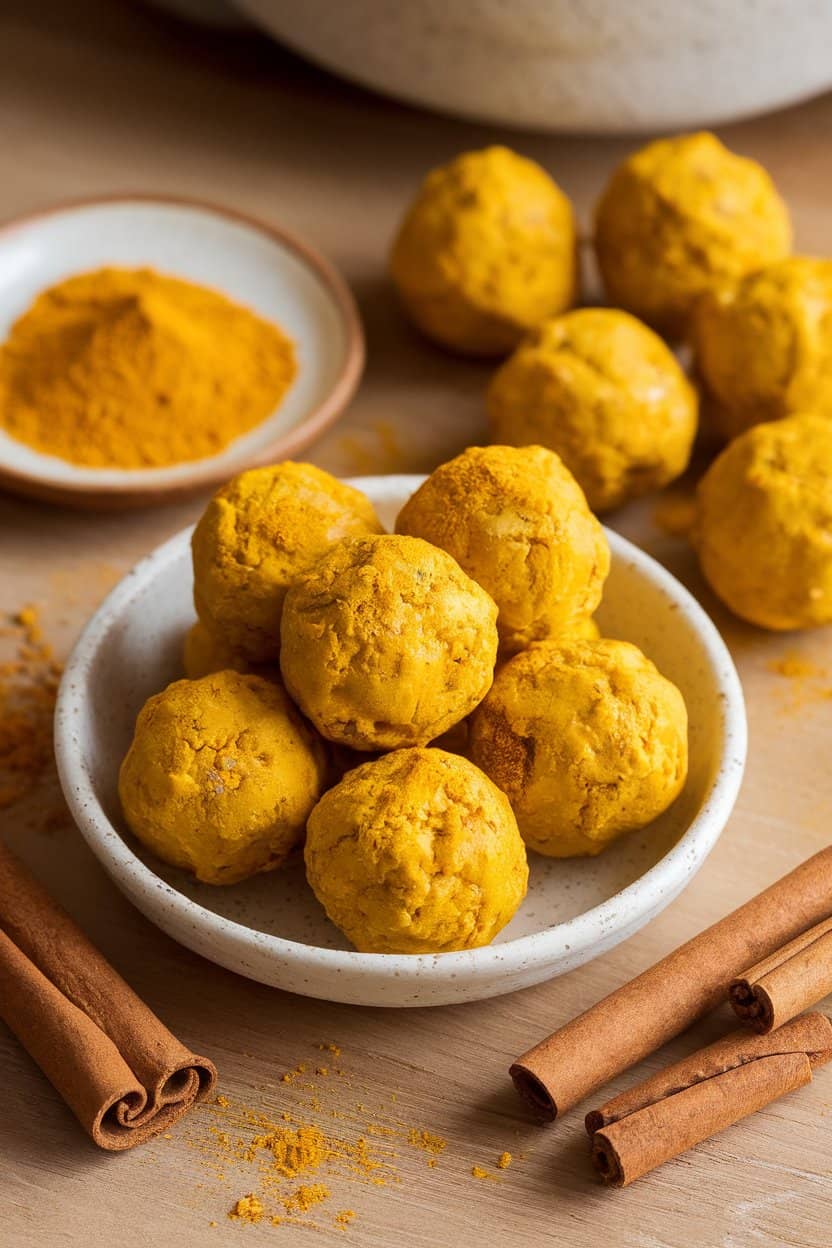 Indoor wellness-themed setting with bright yellow protein balls dusted with turmeric, a small dish of ground turmeric and cinnamon sticks alongside. No text or logos. Photo only.