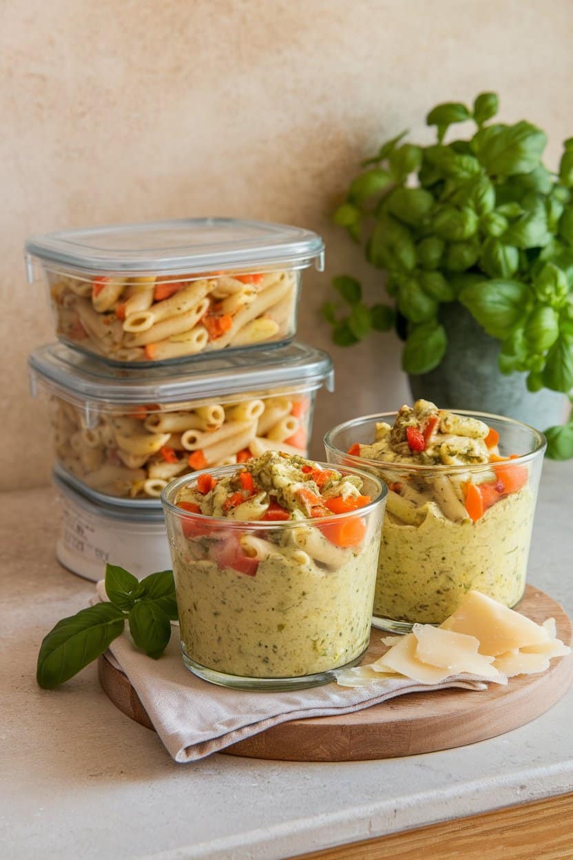 An indoor kitchen counter featuring glass containers filled with penne, mixed vegetables, and light pesto sauce, garnished with shaved Parmesan. Photo, no logos or text.