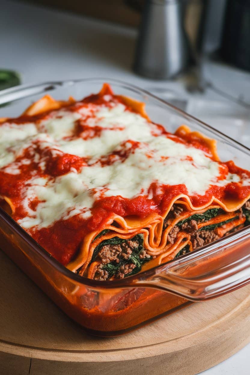 An indoor baking dish of lasagna noodles rolled around beef and spinach filling, marinara pooled at the bottom and mozzarella melted on top. No text or logos.