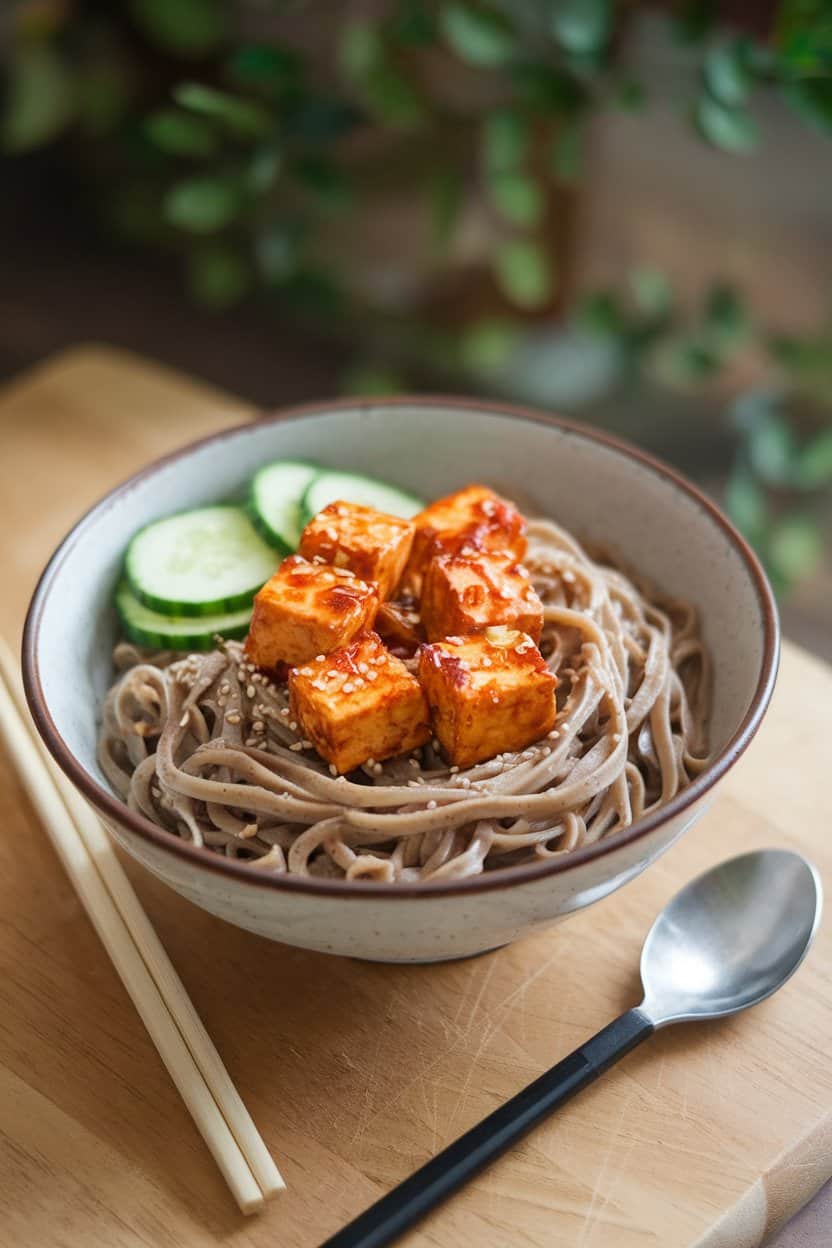 Photo of an indoor bowl filled with soba noodles, sweet-chili glazed tofu cubes, sliced cucumber, and sesame seeds. No text or logos anywhere.