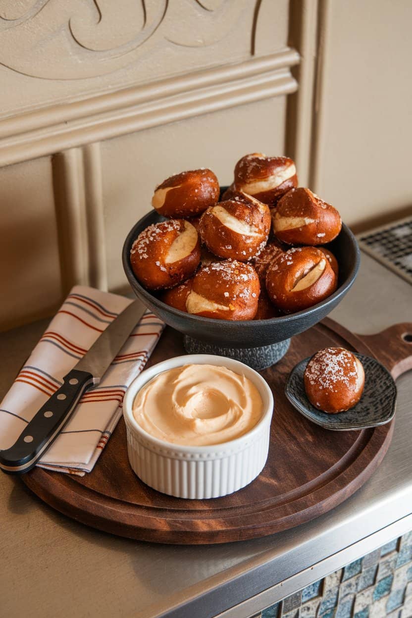 An indoor bar-style setup showing a bowl of soft pretzel bites sprinkled with coarse salt beside a ramekin of creamy beer cheese dip, no text or logos.