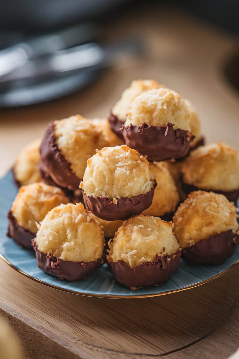 Indoor photo of golden-toasted vegan coconut macaroons piled on a small plate, chocolate-dipped bottoms visible, no text or logos