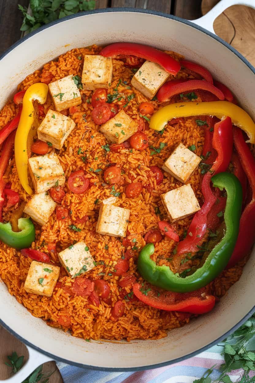 A warmly lit indoor photo of a Dutch oven brimming with tomato-tinted rice, tofu chunks, smoked paprika, and colorful bell peppers; no text or logos visible.