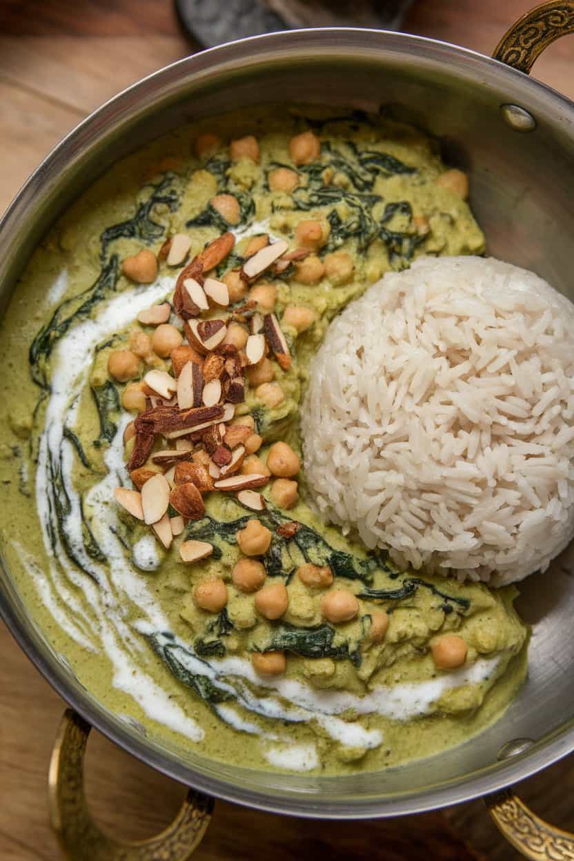 Indoor photo of a deep bowl filled with creamy chickpea and spinach curry, swirled with coconut milk and served alongside a mound of fluffy basmati rice. No text or logos in view.