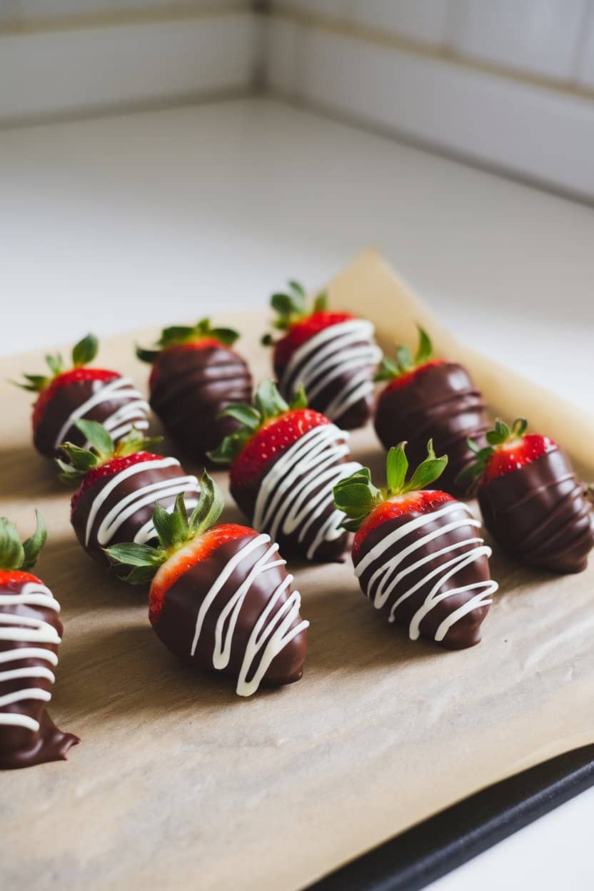 An indoor kitchen counter lined with parchment holding glossy chocolate-dipped strawberries, some drizzle-decorated with white chocolate. No text or logos visible; photo only.