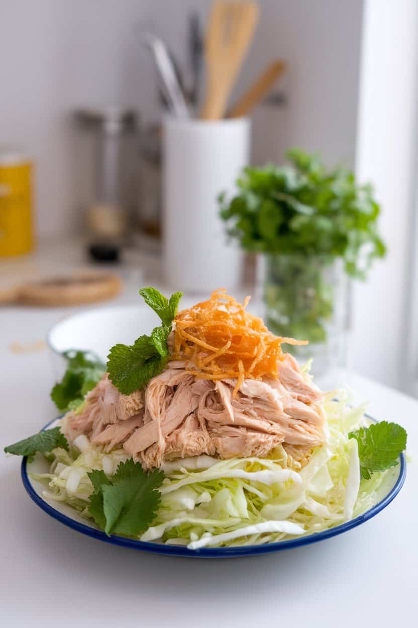 Photo of a bright indoor kitchen scene with a shallow plate of shredded poached chicken, julienned cabbage, fresh mint and cilantro leaves, and fried shallot garnish, all lightly tossed. No text or logos anywhere.
