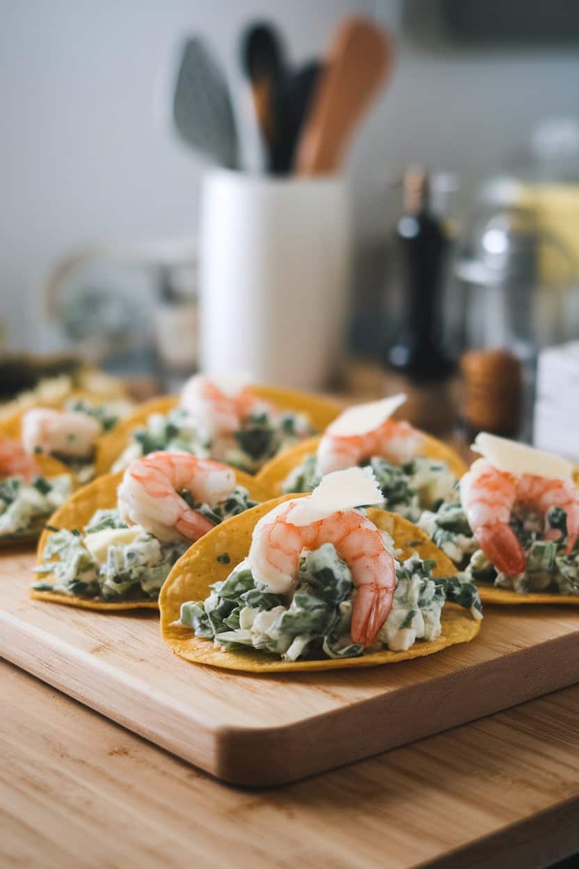 Indoor cutting board displaying tortillas filled with shrimp Caesar salad, Parmesan shavings visible. No text or brands.