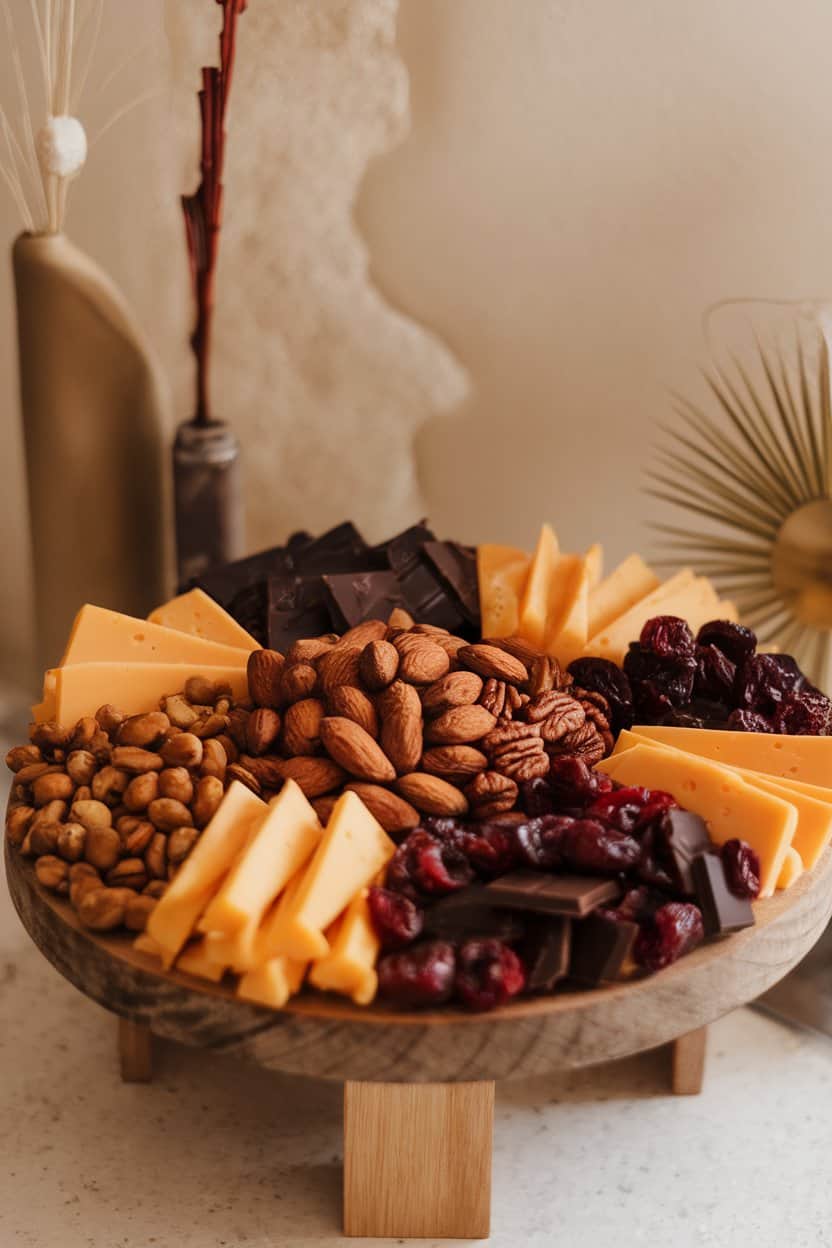 Indoor photo of a board laden with smoked almonds, candied pecans, pistachios, cheddar wedges, dried cherries, and dark chocolate bark; balanced lighting, no text or logos