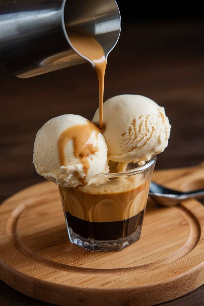 Indoor dessert photo of a small glass cup holding two scoops of vanilla gelato with a shot of espresso just poured over, gentle melt visible; no text or logos.