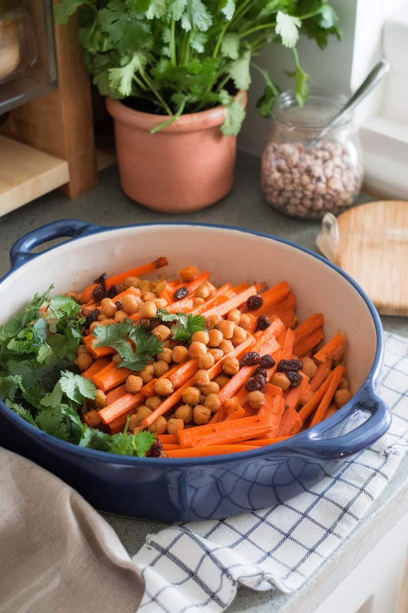 Photo of an indoor counter with a ceramic dish holding spiced roasted carrot sticks, chickpeas, chopped cilantro, and raisins, lightly coated in harissa yogurt dressing. No text or logos.