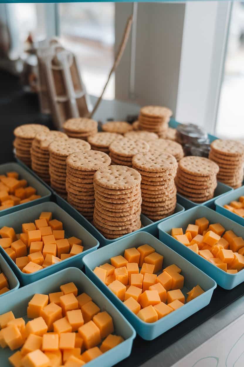 Indoor photo of reusable containers divided into cubes of cheddar and stacks of round whole-grain crackers; no text or logos anywhere.