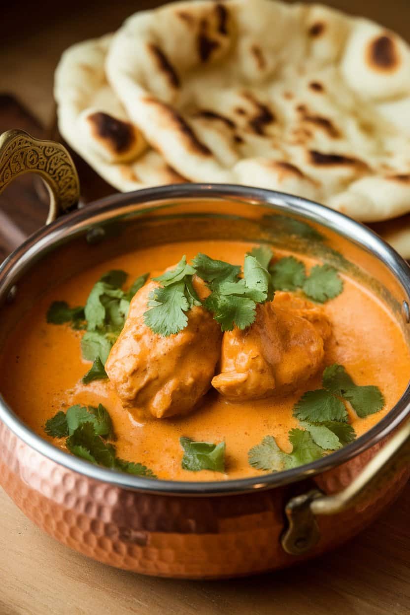 Indoor photo of butter chicken in a copper bowl, creamy orange sauce dotted with cilantro, naan bread in background—no text or logos