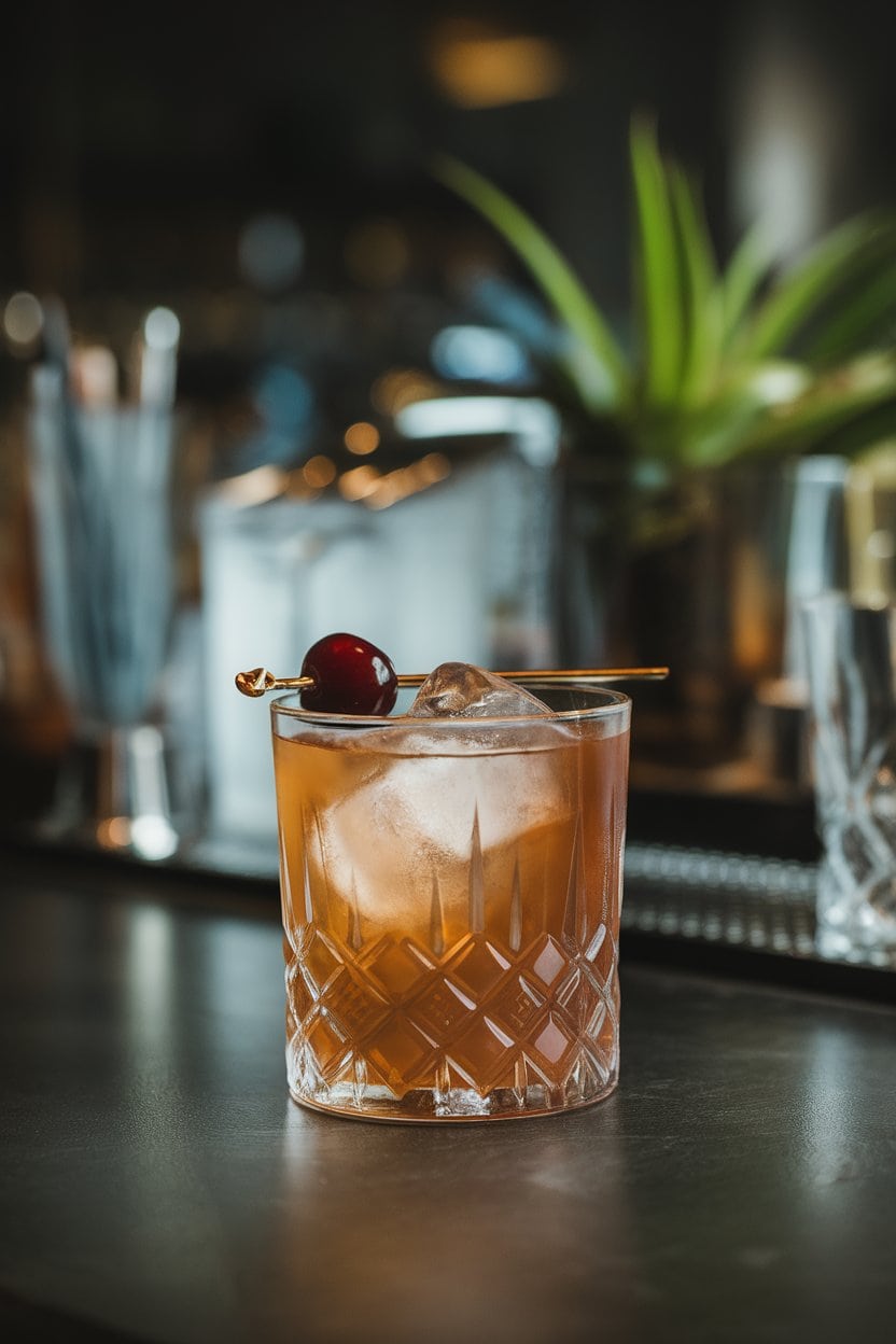 A dimly lit indoor bar top with a crystal tumbler of mahogany-colored Vieux Carré, large clear ice cube and brandied cherry garnish; photo, no text or logos.