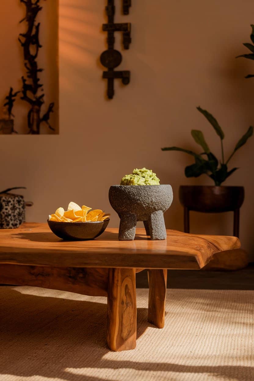 An indoor coffee table with a stone molcajete of chunky guacamole beside a bowl of corn chips. Soft evening lighting, no logos.