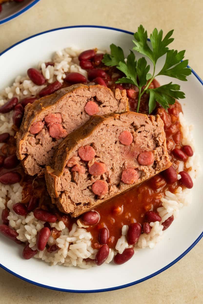 Indoor slice of meatloaf studded with andouille sausage pieces on a plate of red beans and rice. No text or logos. Photo only.
